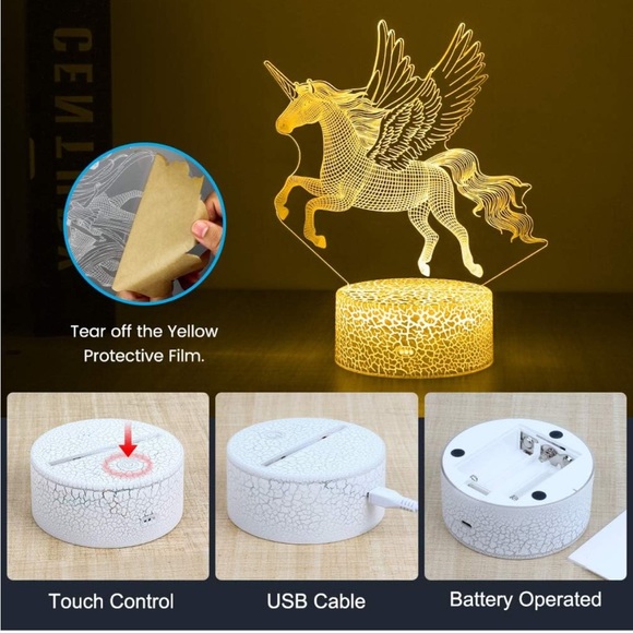 3D Illusion Flying Unicorn Night Light Remote Control Colors Holographic Pegasus - Picture 9 of 14
